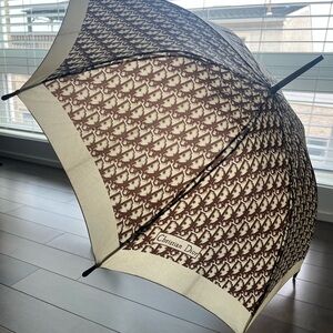 Vintage Christian Dior Brown Logo Monogram Trotter Umbrella Wooden J Handle